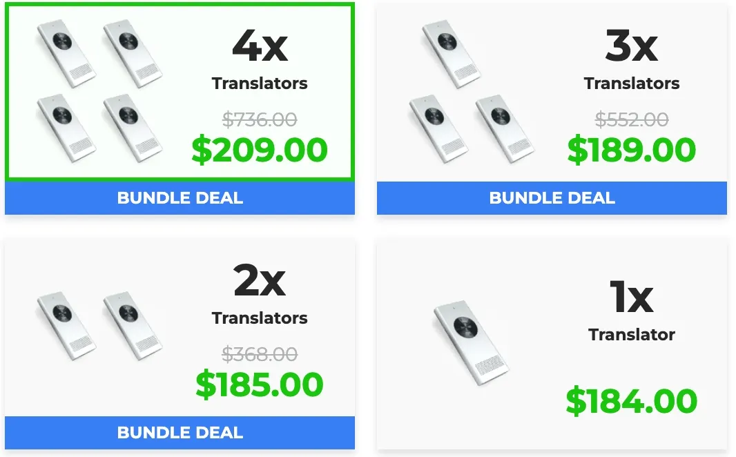 Enence Instant Translator pricing - 1, 2 and 3 pack bundle discounts